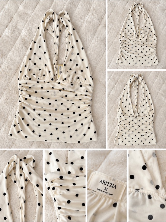 Aritzia Tops - Aritzia Cream Halter Camisole with Black Polka Dots